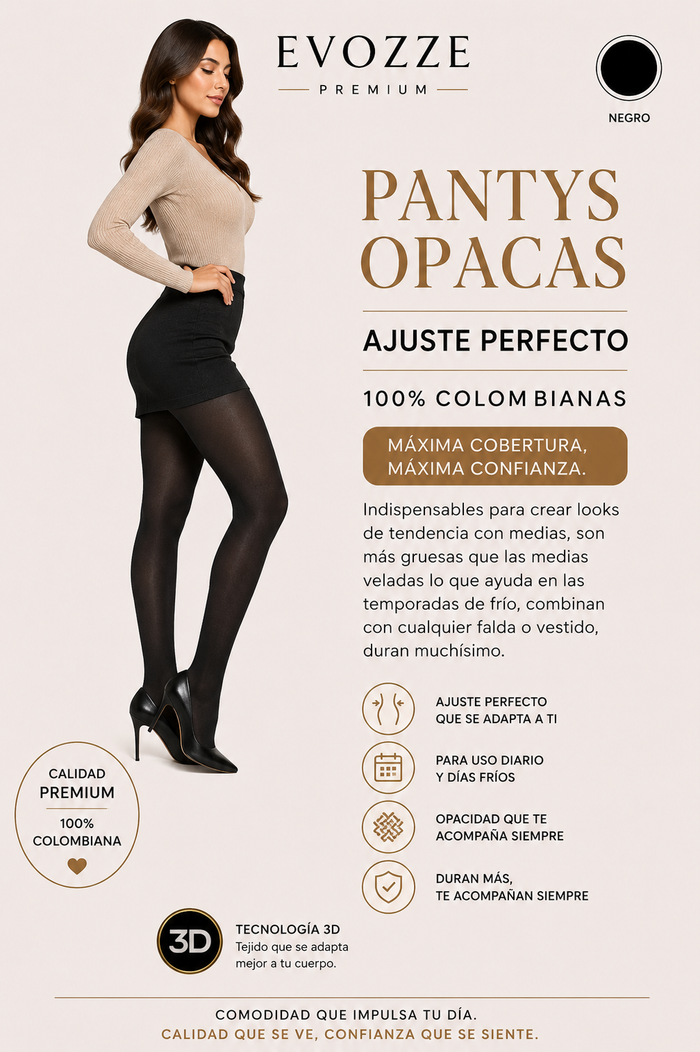 Pantys Opacas Ajuste Perfecto EVOZZE 100% Colombianas. Máxima cobertura, máxima confianza.