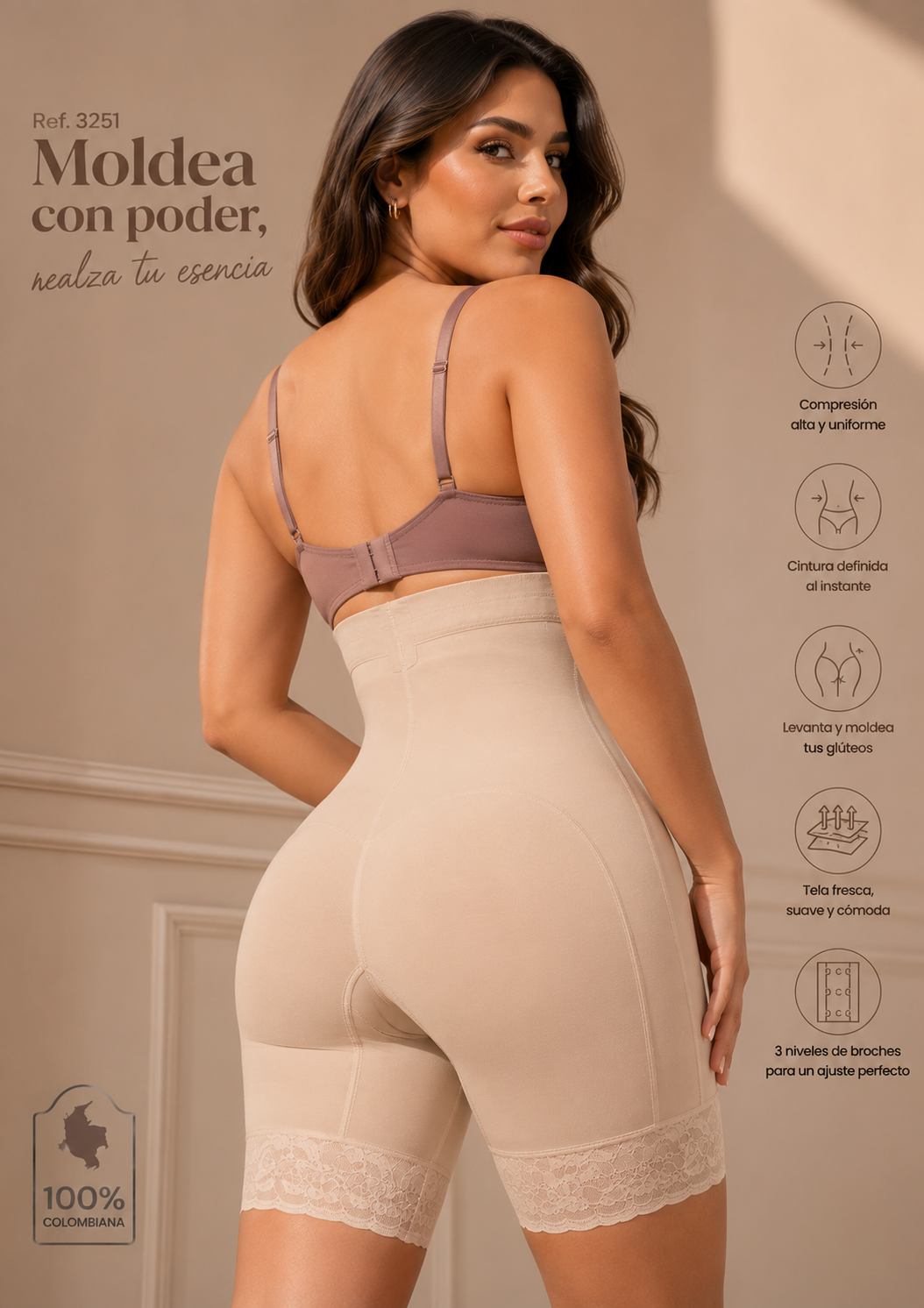 Faja Colombiana Evozze  Alta compresión, Controla Abdomen y Realza Glúteos Calzón Alto Broches  Ref.3251