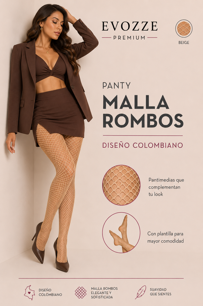 Panty Malla Rombos Beige EVOZZE. Diseño Colombiano