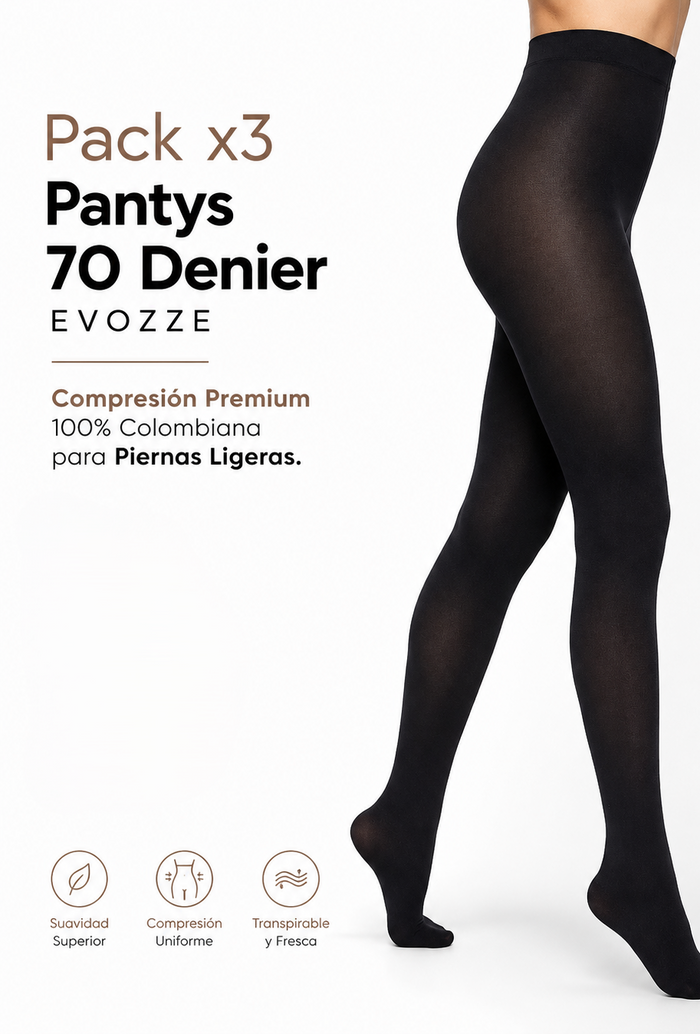 Pack x3 Pantys 70 Denier EVOZZE. Compresión Premium 100% Colombiana para Piernas Ligeras