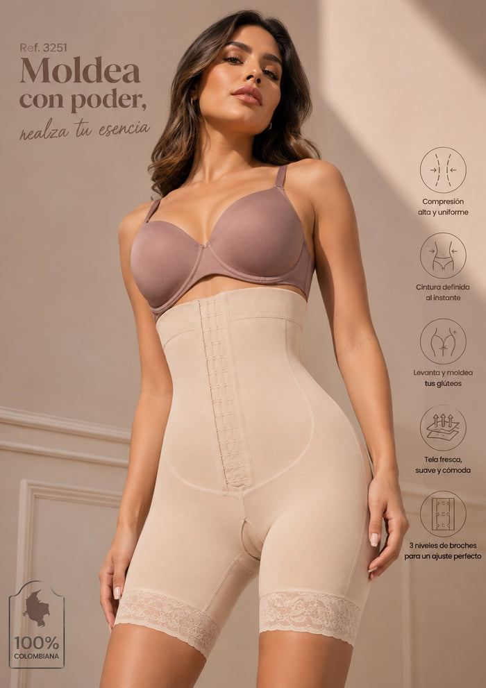 Faja Colombiana Evozze  Alta compresión, Controla Abdomen y Realza Glúteos Calzón Alto Broches  Ref.3251