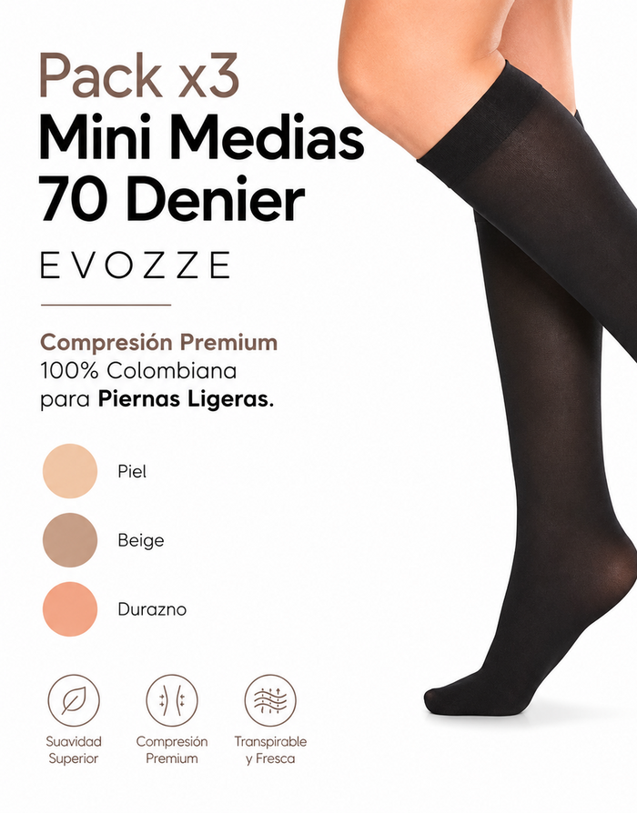 Pack x3 Mini Medias 70 Denier EVOZZE. Compresión Premium 100% Colombiana para Piernas Ligeras
