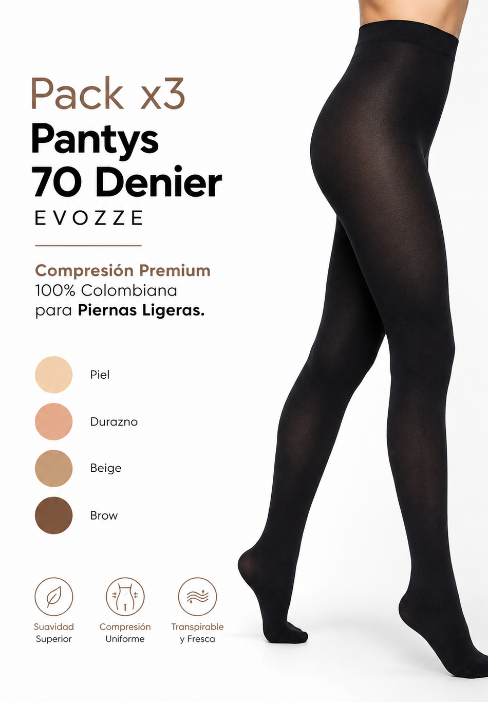Pack x3 Pantys 70 Denier EVOZZE. Compresión Premium 100% Colombiana para Piernas Ligeras