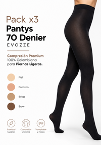 Pack x3 Pantys 70 Denier EVOZZE. Compresión Premium 100% Colombiana para Piernas Ligeras