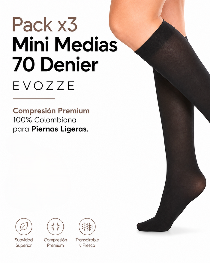 Pack x3 Mini Medias 70 Denier EVOZZE. Compresión Premium 100% Colombiana para Piernas Ligeras